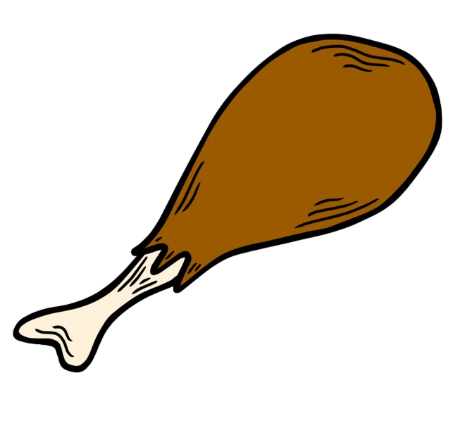 a chicken leg with a bone sticking out of it, an illustration of, inspired by Tex Avery, rasquache, on a flat color black background, brown, sharp illustration, turkey