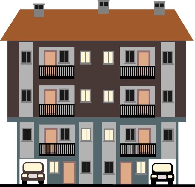 a two story apartment building with balconies and balconies, a digital rendering, pixabay, on a flat color black background, many doors, village house, close establishing shot