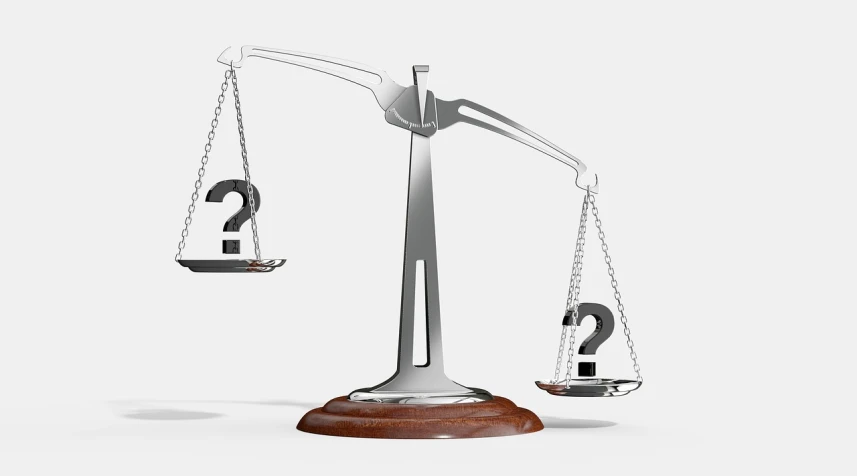a scale with a question mark and a question mark on it, a digital rendering, trending on pixabay, institutional critique, balancing the equation, libra symbol, high quality stock picture, high - poly
