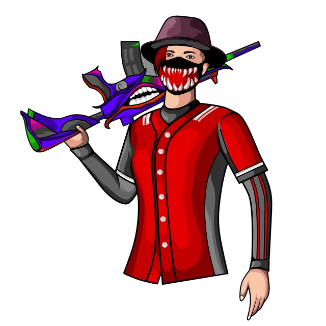 a man in a baseball uniform holding a bat, concept art, toyism, evil crazy laugh, with rifle, discord profile picture, purple and red color bleed