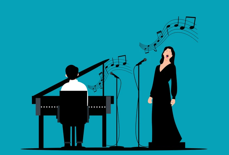a woman that is standing in front of a piano, vector art, pixabay, conceptual art, male and female, singer in the voice show, blue and black scheme, wikihow illustration