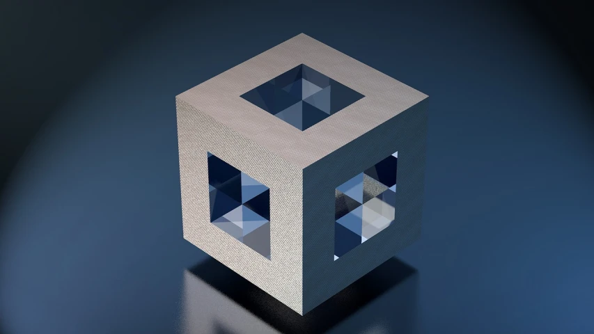 a white cube sitting on top of a table, a computer rendering, inspired by Richard Anuszkiewicz, polycount, crystal cubism, carved from sapphire stone, the styles of escher and penrose, quantum computing, metal surfaces