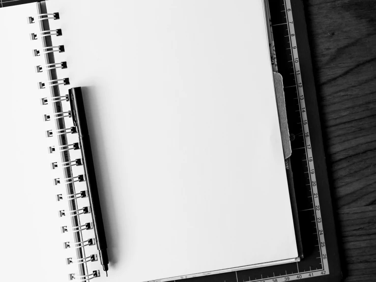 a black and white photo of a notepad and a pen, by Andrei Kolkoutine, unsplash, visual art, no - text no - logo, unfinished, drawfolio, whole page illustration