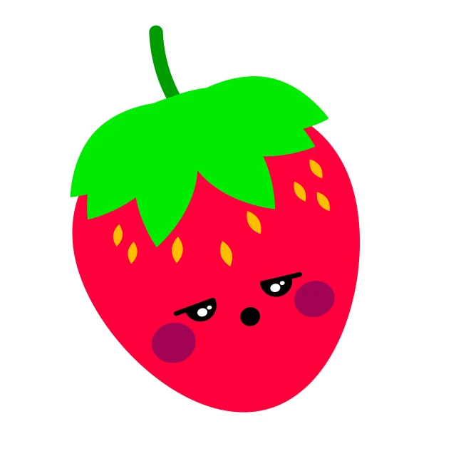 a red strawberry with a green leaf on it's head, a picture, by Maeda Masao, tired expression, fully colored, frowning expression, flat color