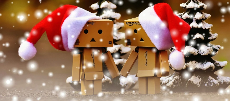 a couple of cardboard boxes sitting next to a christmas tree, by Elaine Hamilton, focus on two androids, 🍁 cute, amazon, foto