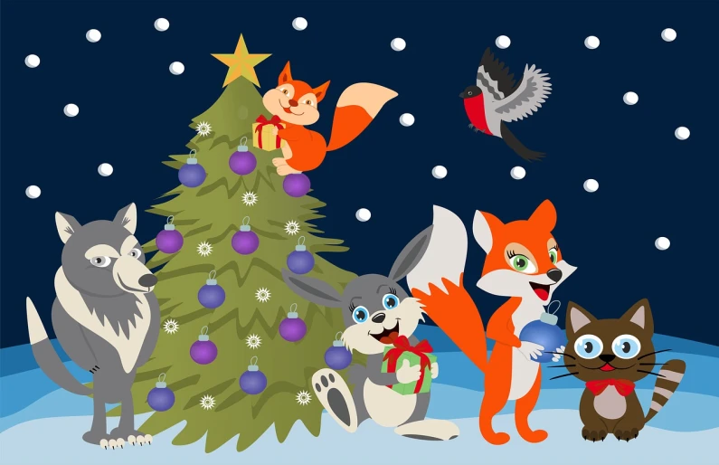 a group of animals standing next to a christmas tree, an illustration of, furry art, fox, very accurate photo, cartoon, card game illustration