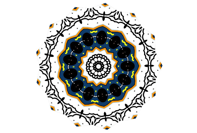 a close up of a circular design on a black background, inspired by Benoit B. Mandelbrot, white + blue + gold + black, tribal yurta, (snow), edited