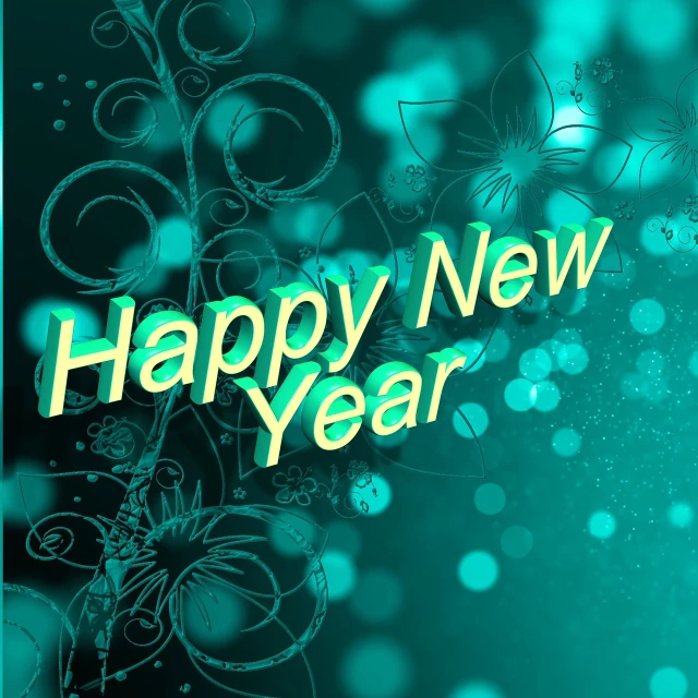a green happy new year card with flowers, a picture, cyan photographic backdrop, nice background bokeh, graphic illustration, test