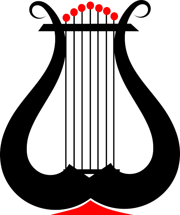 a black and red lyre on a white background, vector art, featured on pixabay, sōsaku hanga, symmetrical sticker design, oud, has horns: a sharp, minimalist svg