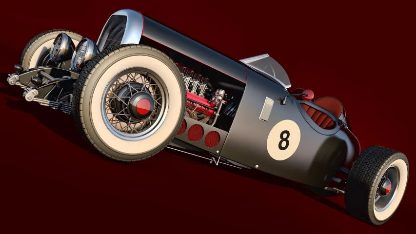 a close up of a race car on a red background, a 3D render, inspired by Otto Eckmann, polycount contest winner, jazz age, extreme hight detail, garner holt, depth detail