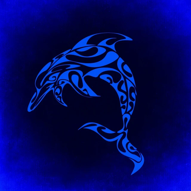 a close up of a dolphin on a blue background, a digital rendering, inspired by Aldus Manutius, hurufiyya, maori ornament, deep blue lighting, in graffiti style, fine background proportionate
