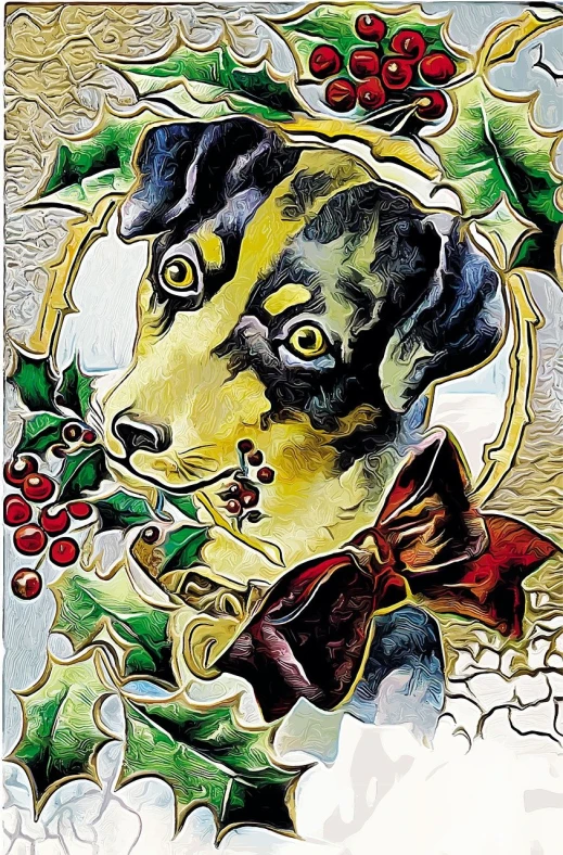 a painting of a dog surrounded by holly leaves, a digital painting, inspired by Ernest William Christmas, pop art, art noveau, comic card style, istock, paint-on-glass painting