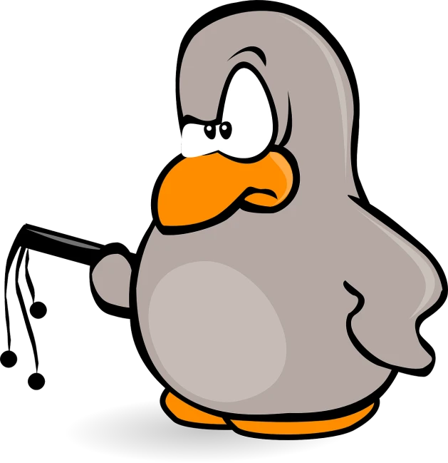 a cartoon penguin with a stick in its hand, by Tom Carapic, pixabay, purism, shiny silver, programming, dove, looking hot