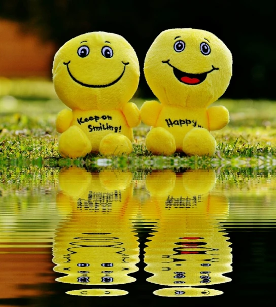 a couple of yellow stuffed animals sitting next to each other, a picture, by Sarper Baran, pixabay, happening, water reflection!!!!!, happy smiley, wallpaper mobile, small smile