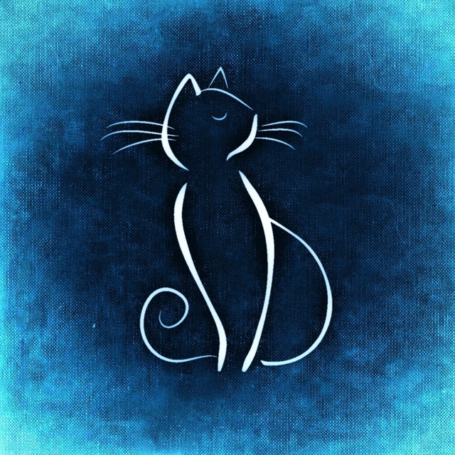 a painting of a black cat on a blue background, a digital painting, inspired by George Wyllie, furry art, white outline, stylized silhouette, vignette illustration, harmony of