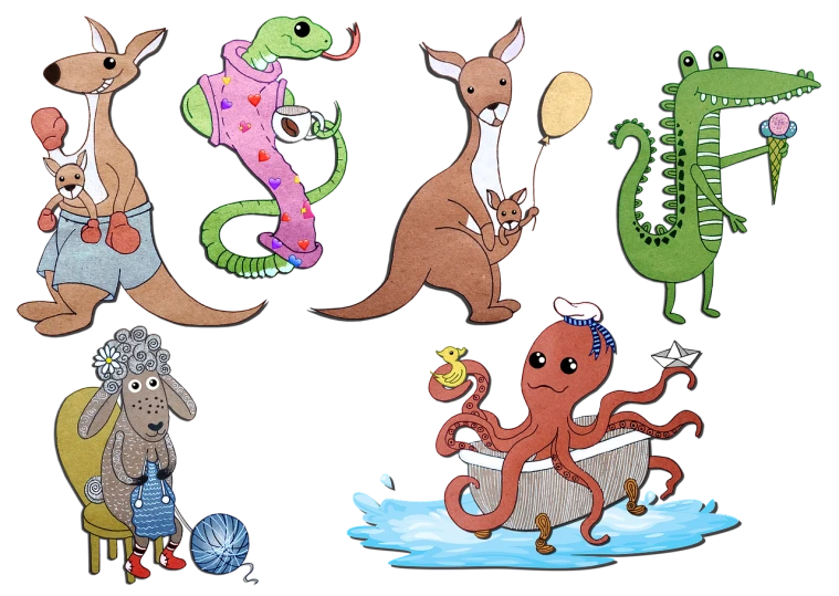 a group of cartoon animals standing next to each other, inspired by Michael Leunig, pop surrealism, teths and tentacles, swimming, aussie baristas, on black background