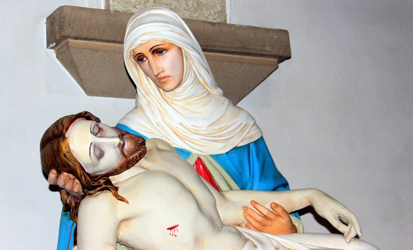 a statue of jesus holding the head of a woman, a statue, inspired by Tommaso Masaccio, flickr, [ colourful, resting on chest, crucifixion, closeup - view