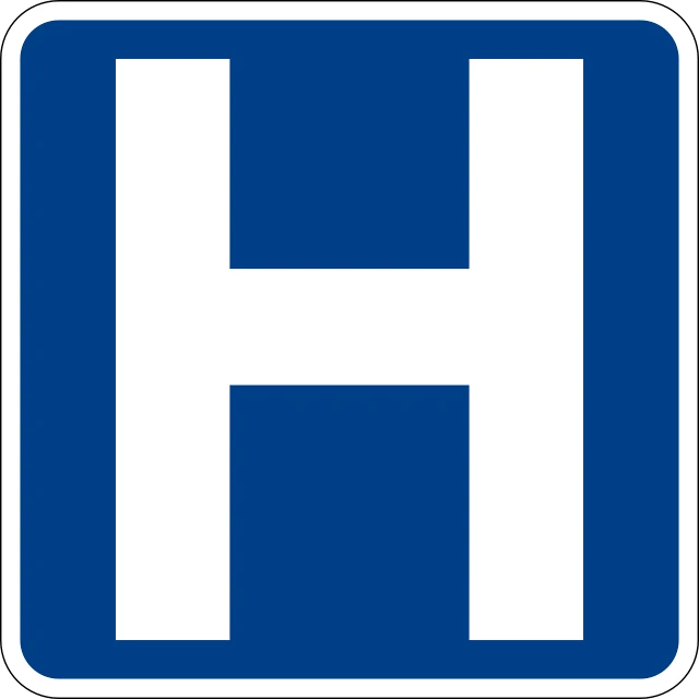 a blue and white sign with the letter h on it, hospital!, driving, wikimedia, helvetica