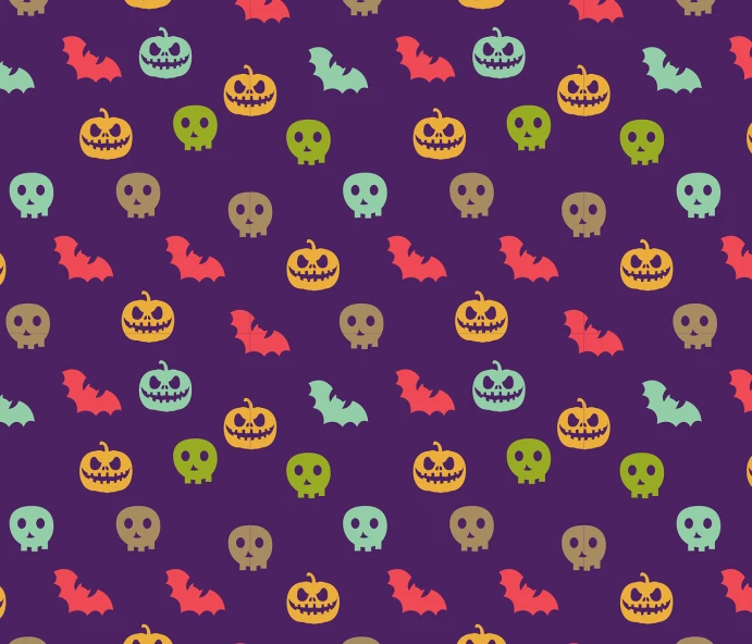 a pattern of skulls and bats on a purple background, a cartoon, tumblr, pumpkins, various colors, hills, けもの