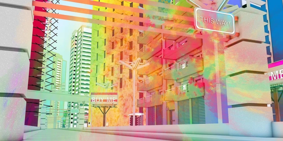 a city street filled with lots of tall buildings, a digital rendering, inspired by Mike Winkelmann, panfuturism, colorful house, overlaid with aizome patterns, still of rainbow ophanim, apartment complex made of tubes