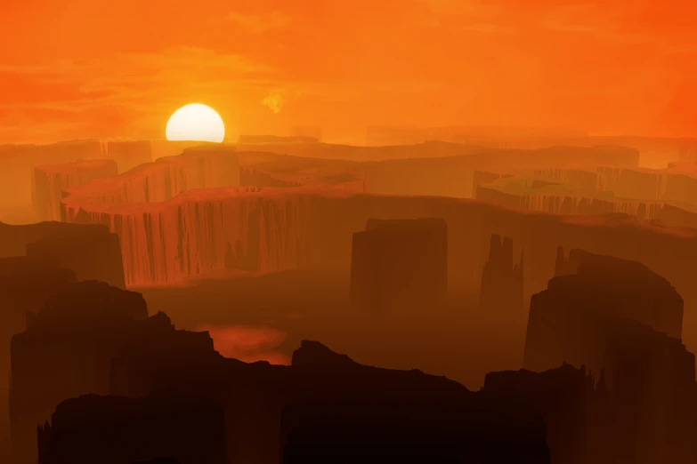 the sun is setting over a desert landscape, concept art, inspired by Henri Biva, digital art, grand canyon, orange mist, hot sun from above, stunning screensaver