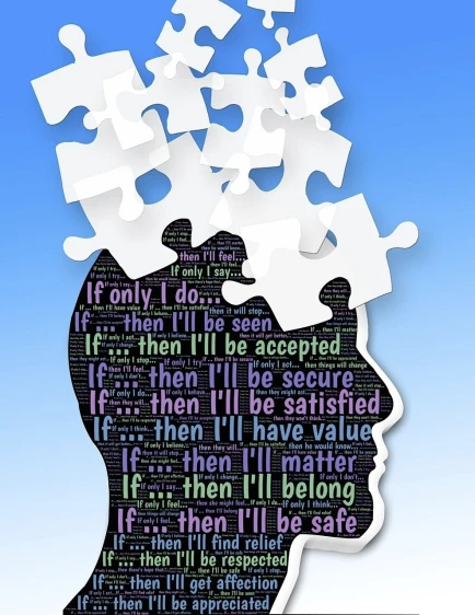 a silhouette of a person's head with jigs coming out of it, by Tom Phillips, digital art, words, puzzle, acceptance, if i only could