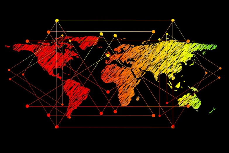 a drawing of a world map on a black background, a digital rendering, futurism, yellow and red color scheme, connecting lines, 🕹️ 😎 🔫 🤖 🚬, vectors