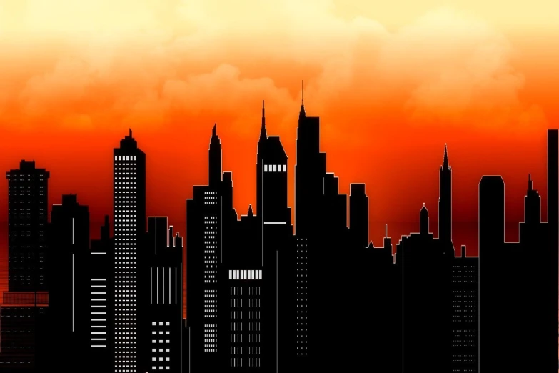 a silhouette of a city skyline at sunset, vector art, digital art, modern very sharp photo, red stormy sky, black and white vector, the hard and strong buildings