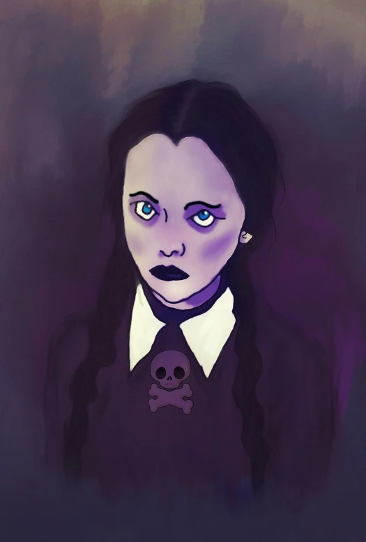 a painting of a woman with a skull on her neck, a digital painting, gothic art, as wednesday addams, eyes = purple, in cartoon style, kids