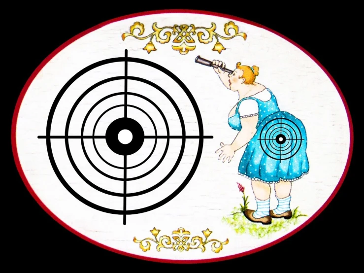 a drawing of a woman standing in front of a target, by György Vastagh, pixabay contest winner, biedermeier, little bo peep, sniper! middle age man, fine china