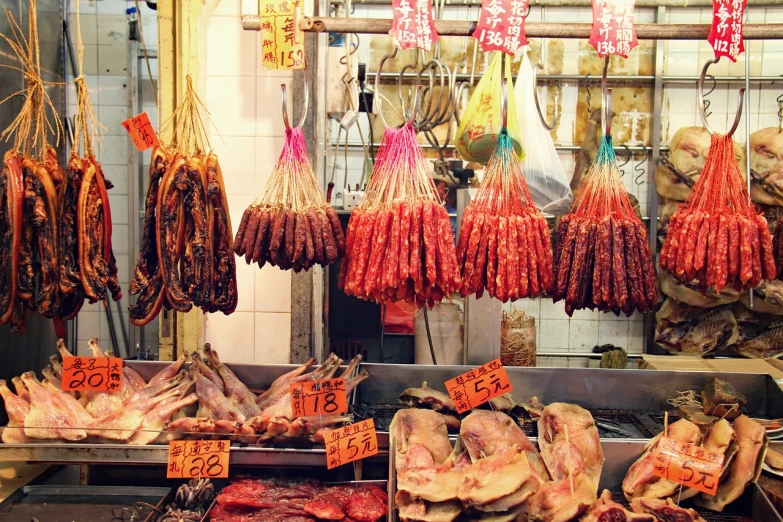 a store filled with lots of meat hanging from the ceiling, dada, jia ruan, postprocessed), intense knowledge, yum