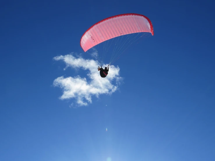 a person that is in the air with a parachute, by Alison Watt, hurufiyya, beautiful sunny day, red and blue back light, elevation, beginner