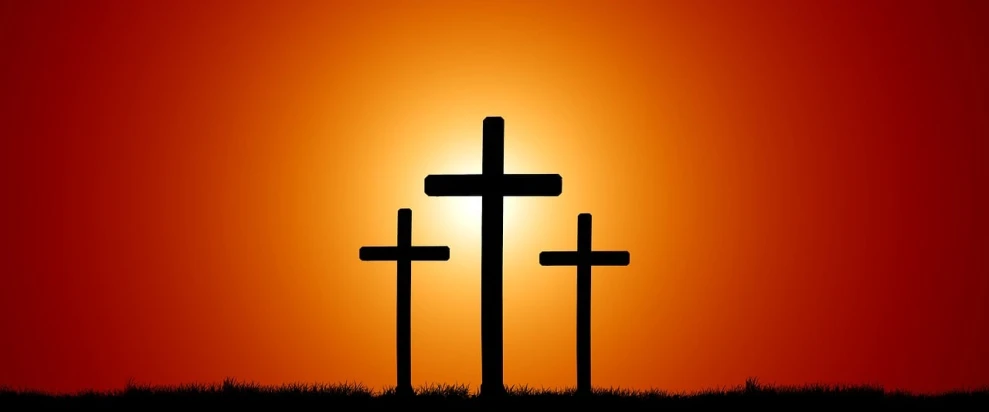 a couple of crosses sitting on top of a hill, a digital rendering, pixabay, minimalism, the three suns, in front of an orange background, istockphoto, easter