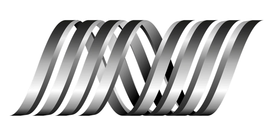 a close up of a metal strip on a black background, a raytraced image, by Mirko Rački, zbrush central, op art, dna helix, white ribbon, the ring is horizontal, drawn with photoshop