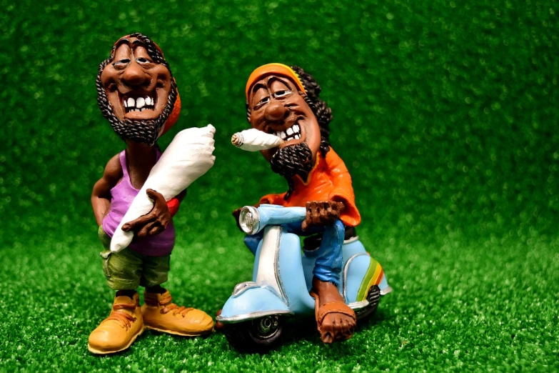 a couple of figurines sitting on top of a green field, a cartoon, trending on pixabay, funk art, brown skin man with a giant grin, moped, 7 0 mm. dramatic lighting, smoking a weed with snoop dogg!!