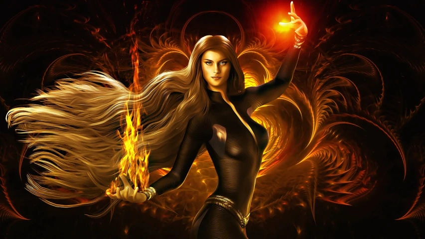 a woman holding a fire ball in her hand, by Eddie Mendoza, fantasy art, orange skin and long fiery hair, shining gold and black and red, a dark phoenix, airbrush digital art