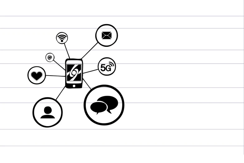 a drawing of a cell phone surrounded by social icons, a diagram, by Mirko Rački, digital art, black on white background, graph signals, ios app icon, found schematic in a notebook