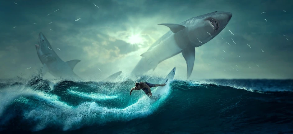 a man riding a wave on top of a shark, digital art, surrealism, iphone background, action sports, megalodon, online