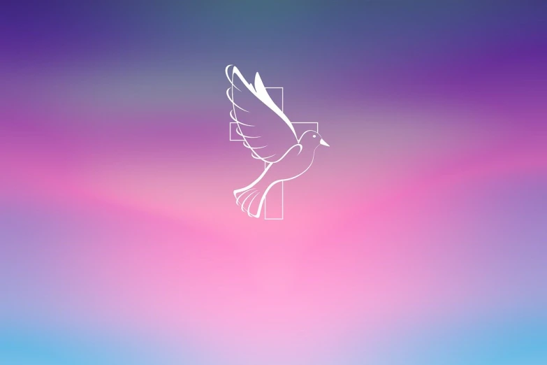 a white dove flying over a cross on a pink and blue background, an illustration of, symbolism, gradient light purple, evangelionic illustration, diffuse outline, minimalist wallpaper