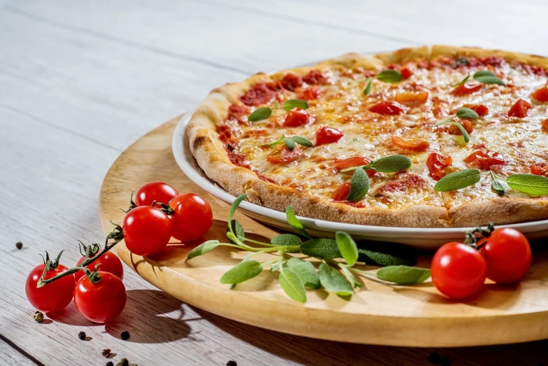 a pizza sitting on top of a wooden cutting board, pixabay, romanticism, 🕹️ 😎 🔫 🤖 🚬, red dish, basil gogos, stock photo