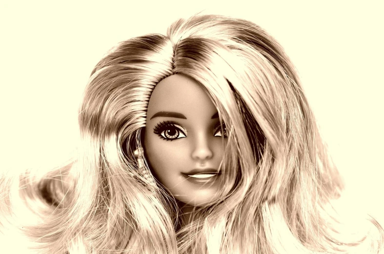 a black and white photo of a barbie doll, a digital rendering, by Elaine Hamilton, !subtle smiling!, realistic hair, cartoon artstyle, closeup!!!!!!