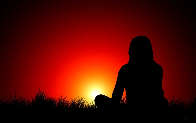 a silhouette of a person sitting in the grass at sunset, a picture, meditation pose, in red background, illustartion, high res photo