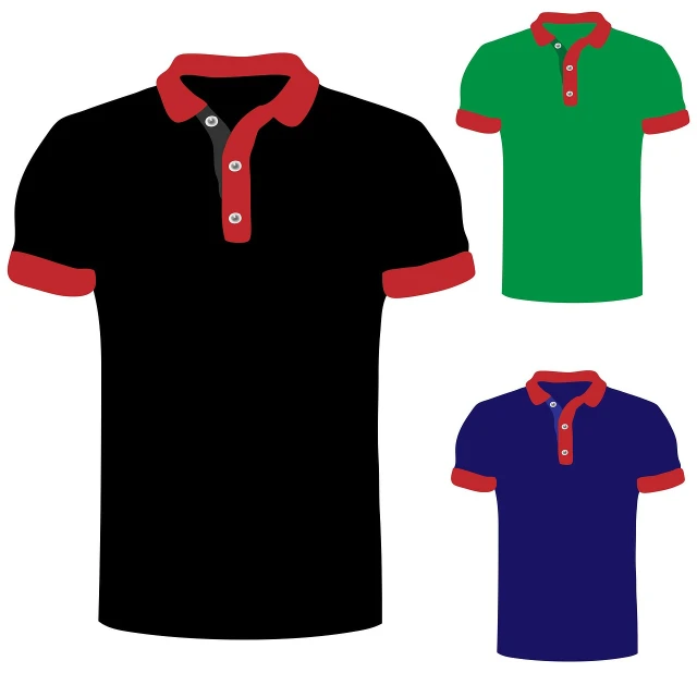 a black, green, and red polo shirt on a white background, an illustration of, minimalism, top and side view, purple and black clothes, green blue red colors, illustration!