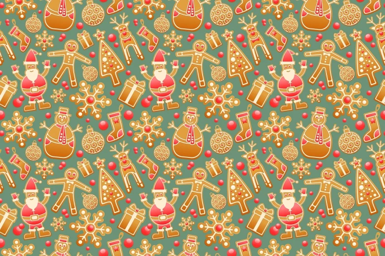 a pattern of gingerbreads and candy canes on a green background, by Aleksander Gierymski, tumblr, naive art, no gradients, santa, anime screenshot pattern, set 1 8 6 0