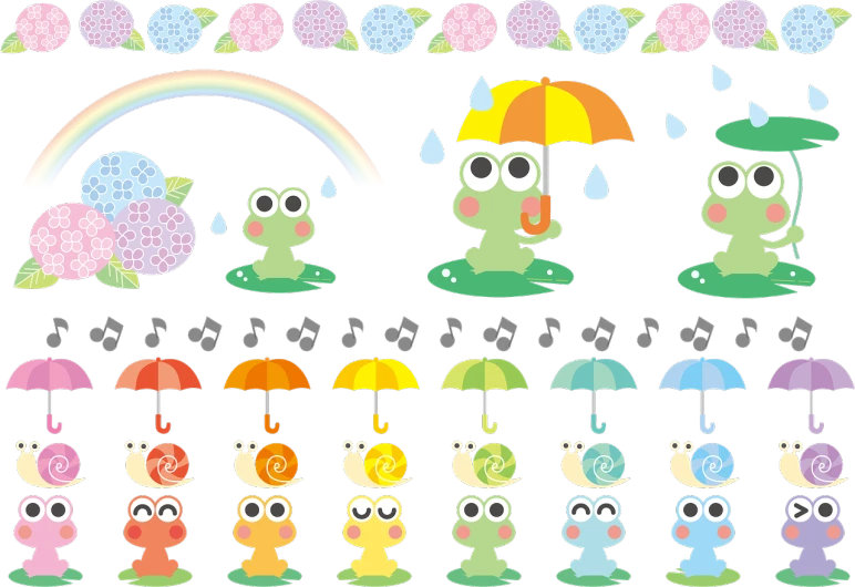 a group of cartoon animals with umbrellas, vector art, by Hiroyuki Tajima, mingei, psychedelic frog, sprite sheet, window ( rain ), with a cute toad