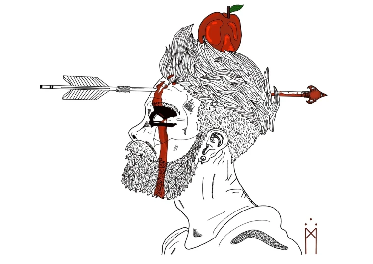 a drawing of a man with an apple on his head, vector art, tumblr, bow and arrow, concept tattoo design, red beard, shot from far away
