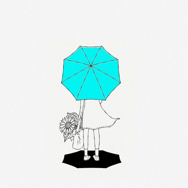 a drawing of a woman holding a blue umbrella, minimalism, cyan, 中 元 节, small, lowres