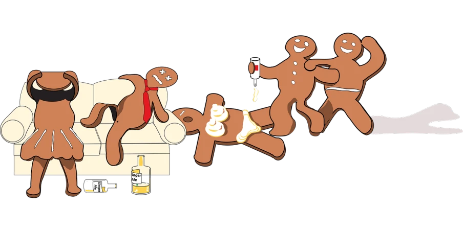 a group of gingerbreads sitting on top of a couch, an illustration of, by Asaf Hanuka, reddit, drunkard, cigar, ultra humorous illustration, illustration:.4