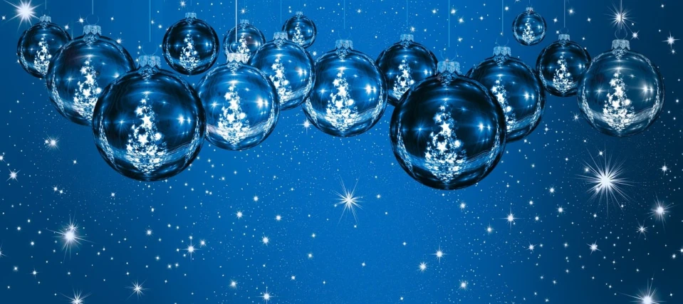 a bunch of shiny christmas balls hanging from a string, pixabay, digital art, relaxed. blue background, glass - reflecting - stars, 256x256, very ornamented