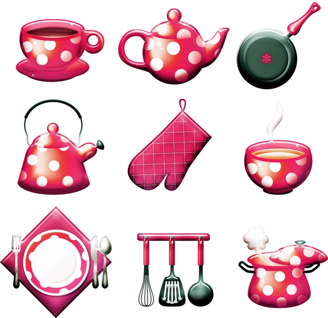 a collection of kitchen items on a black background, inspired by Yayoi Kusama, deviantart, pink and red color style, glossy design, teapot, cutlery
